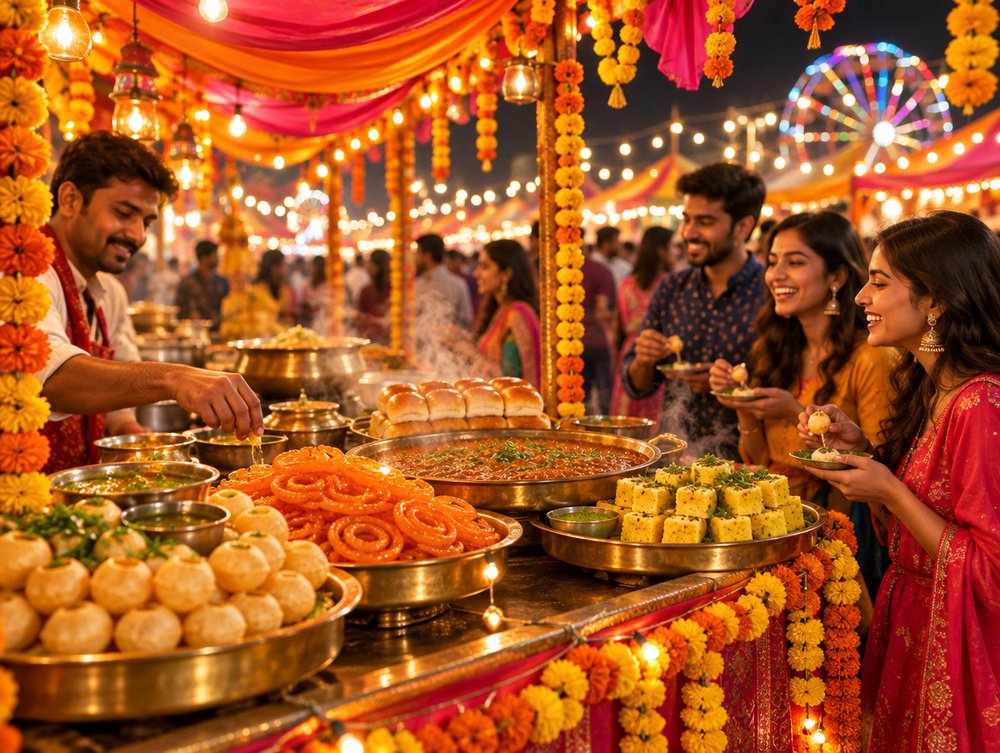 Festive food stall with jalebi, pani puri and dhokla