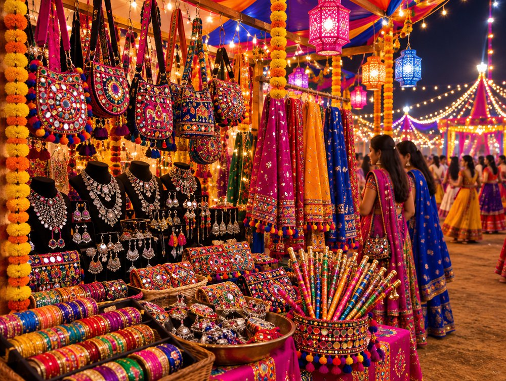 Handicraft stall with mirror-work bags, bangles and dandiya sticks
